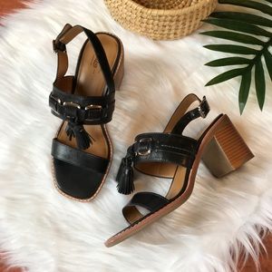 Bass black leather tassel block heel sandals